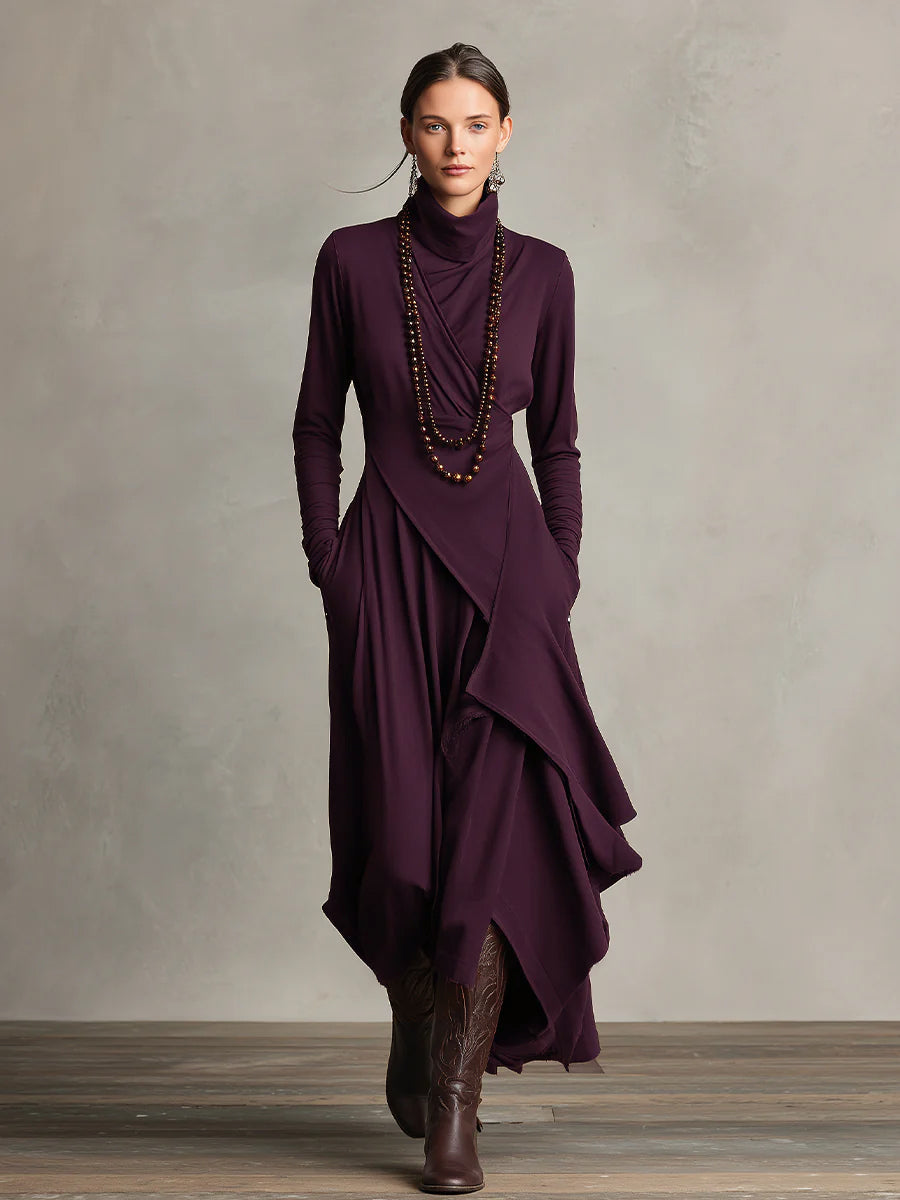 Women's Bohemian Cotton Stretch Turtleneck Asymmetrical Maxi Dress