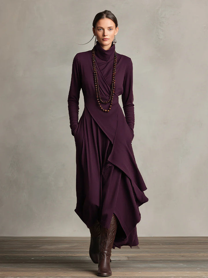 Women's Bohemian Cotton Stretch Turtleneck Asymmetrical Maxi Dress