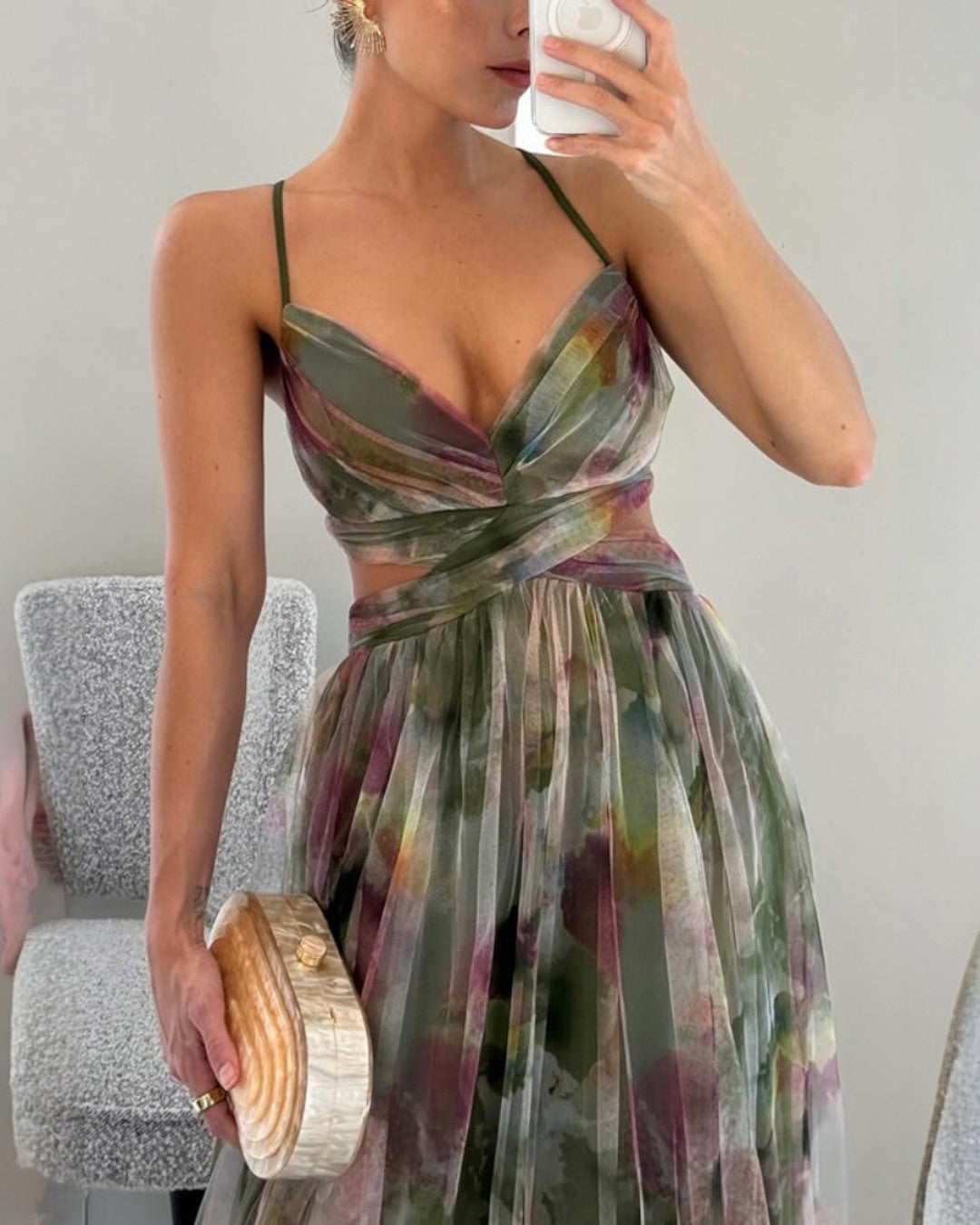 Boho Watercolor Maxi Dress with V-Neck