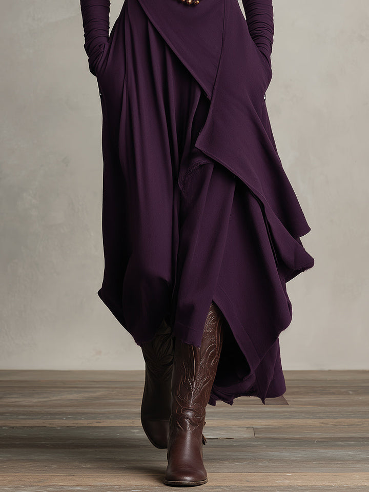 Women's Bohemian Cotton Stretch Turtleneck Asymmetrical Maxi Dress