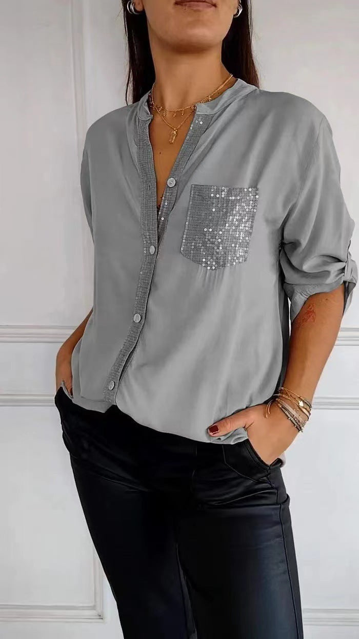 Women’s Casual Button-Up Blouse with Sequin Detail