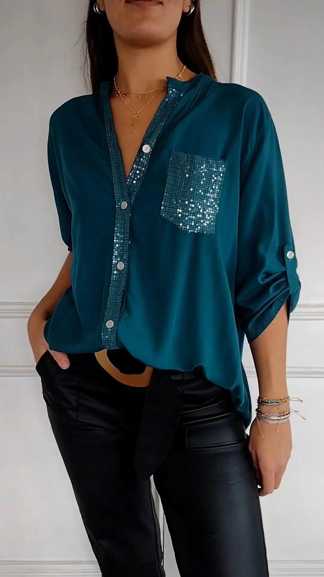 Women’s Casual Button-Up Blouse with Sequin Detail