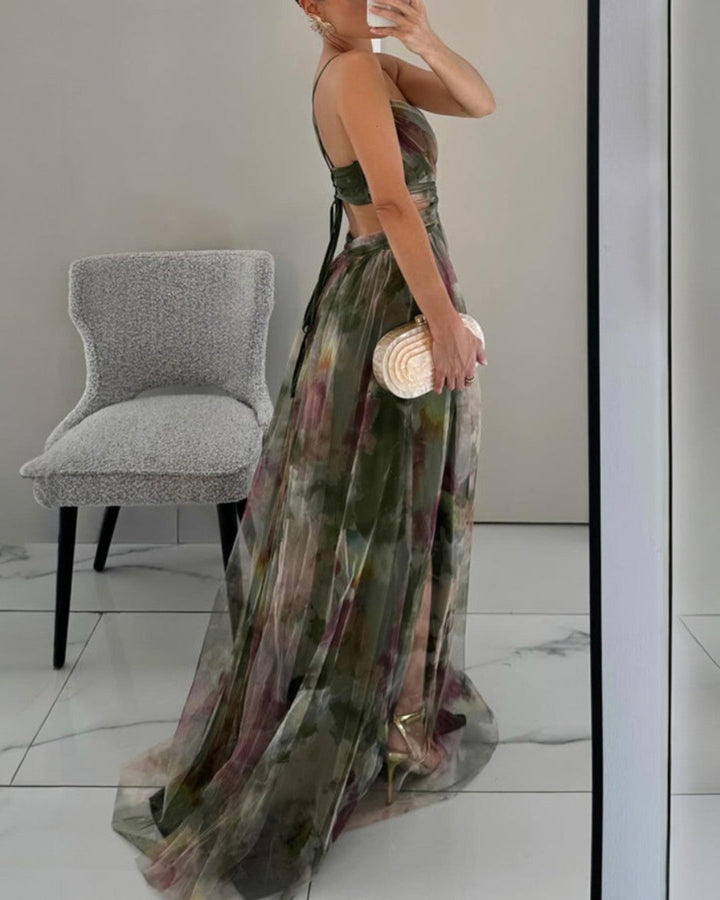 Boho Watercolor Maxi Dress with V-Neck