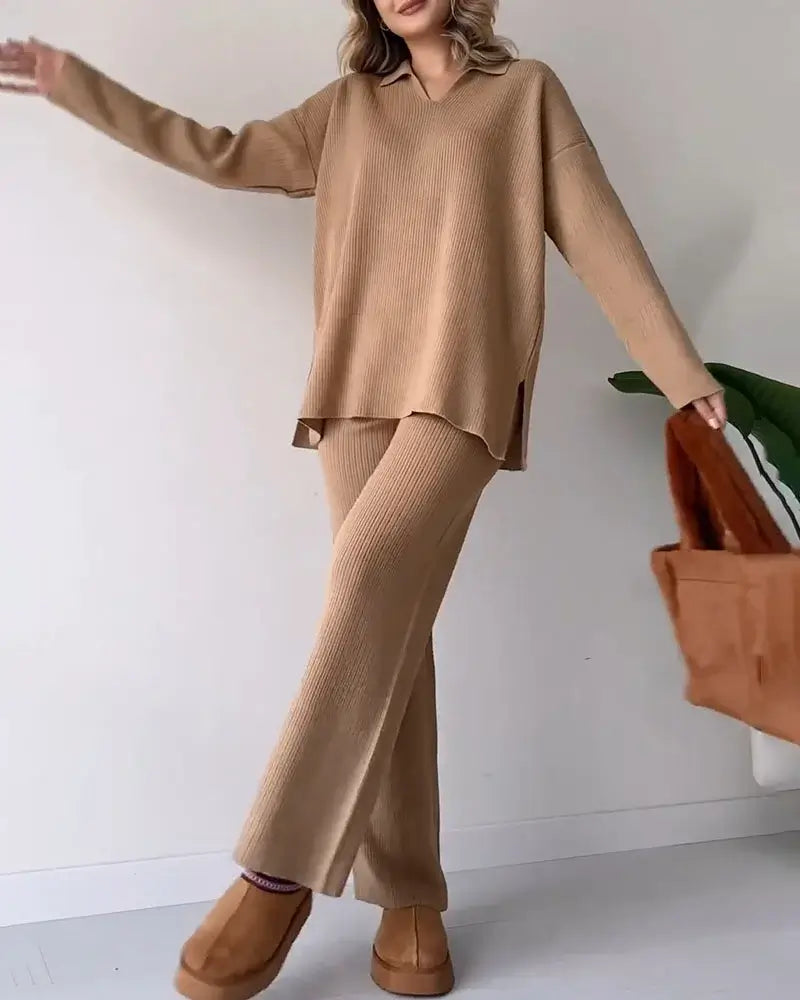 Colorful, trendy sweater with a collar, loose fit, casual, two-piece set