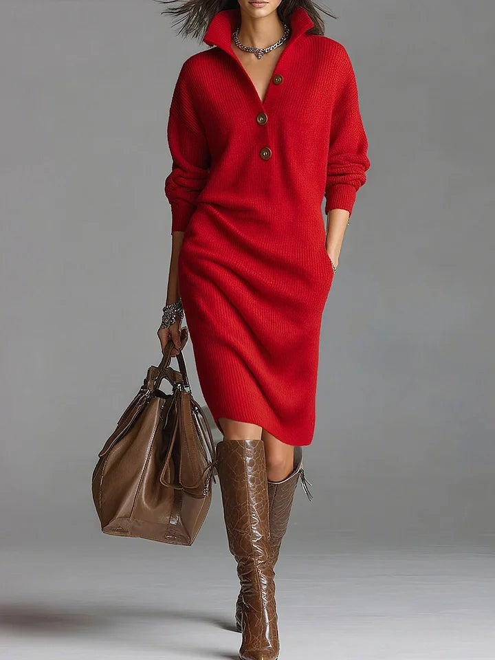 Women's Midi Knit Dress with Collar and Buttons