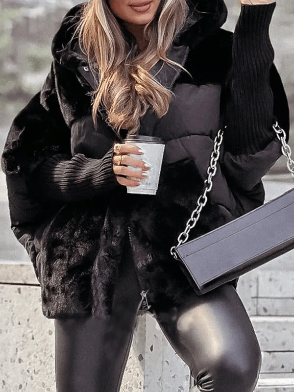 Women's Winter Jacket with Hood, Long Sleeves, and Fur Patchwork