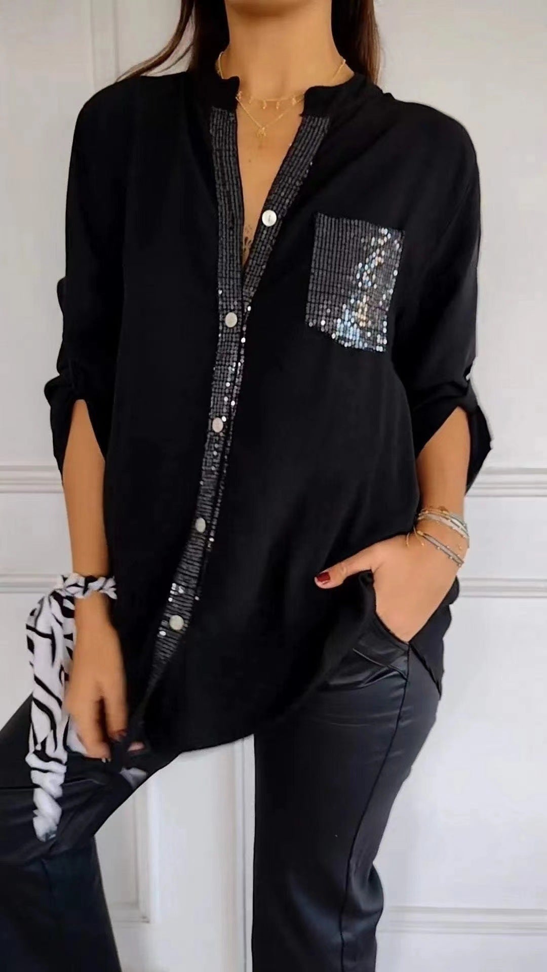 Women’s Casual Button-Up Blouse with Sequin Detail