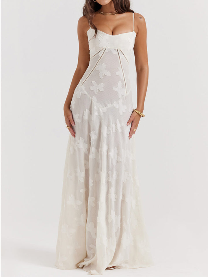Maxi dress for women with straps, neckline, and floral pattern