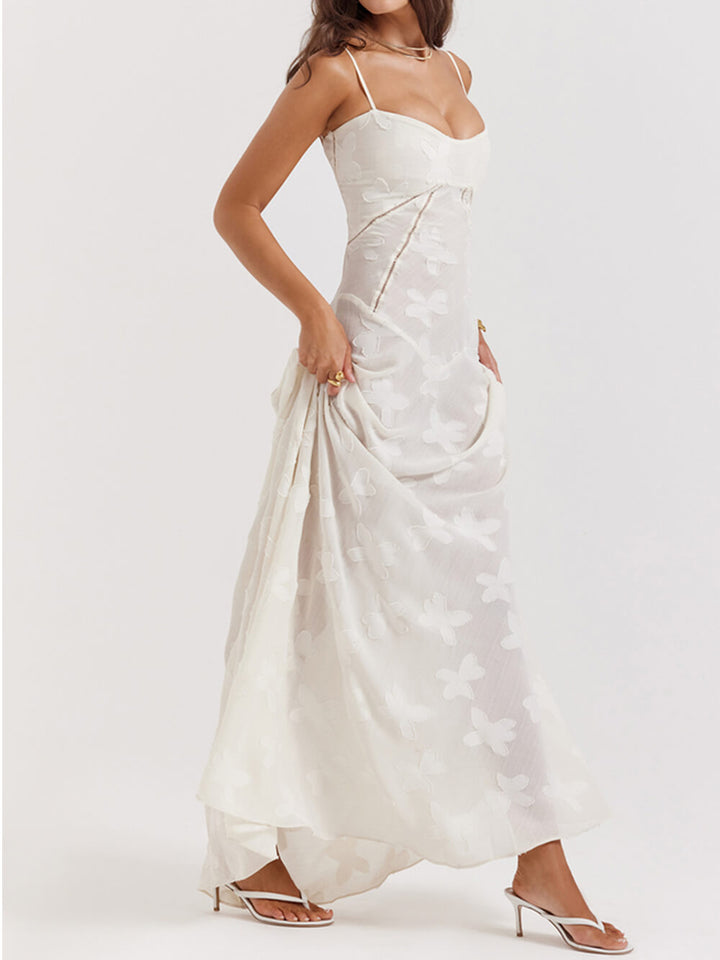 Maxi dress for women with straps, neckline, and floral pattern