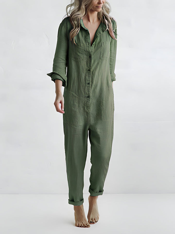 Women’s Button-Up Long Sleeve Jumpsuit with Relaxed Fit