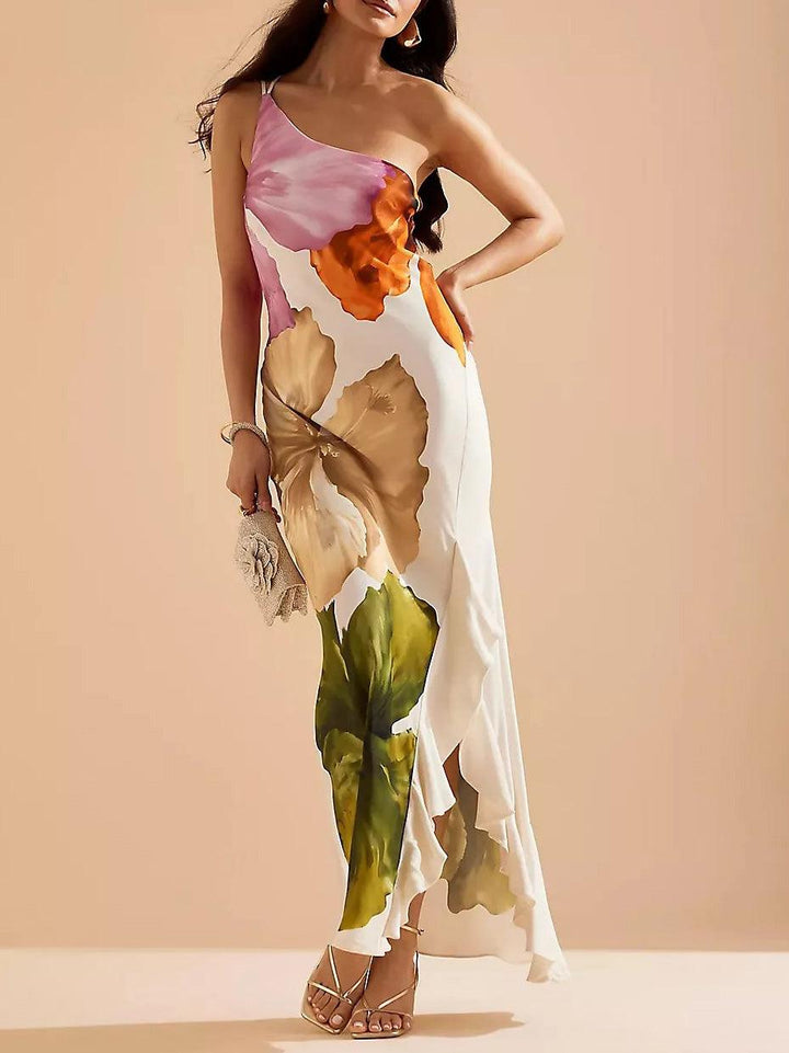 Kira | Elegant Floral Print One-shoulder Maxi Dress