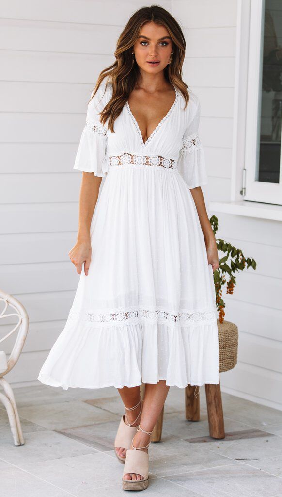 Women's midi dress with V-neck and lace inserts