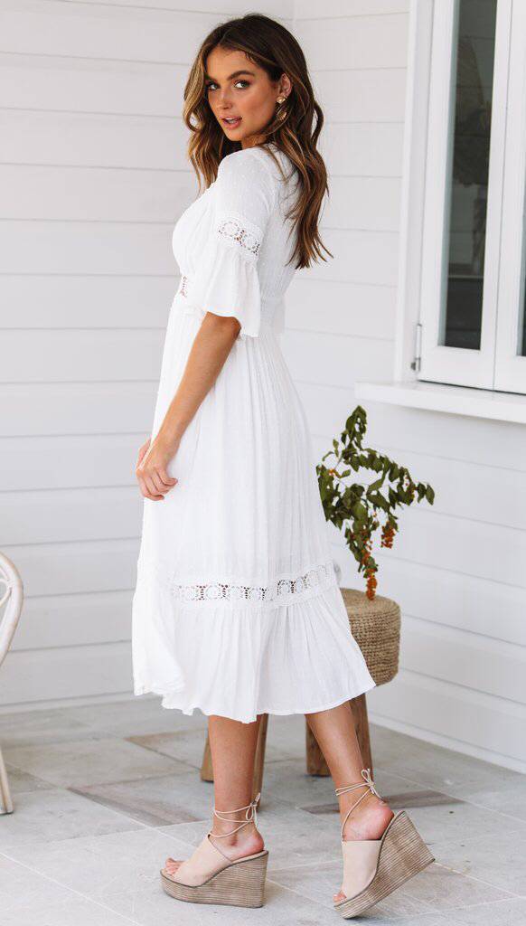 Women's midi dress with V-neck and lace inserts