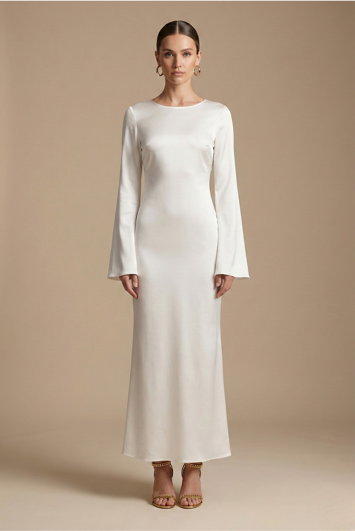 Women's Maxi Dress - Boat Neck - Flared Sleeve - Tie Back