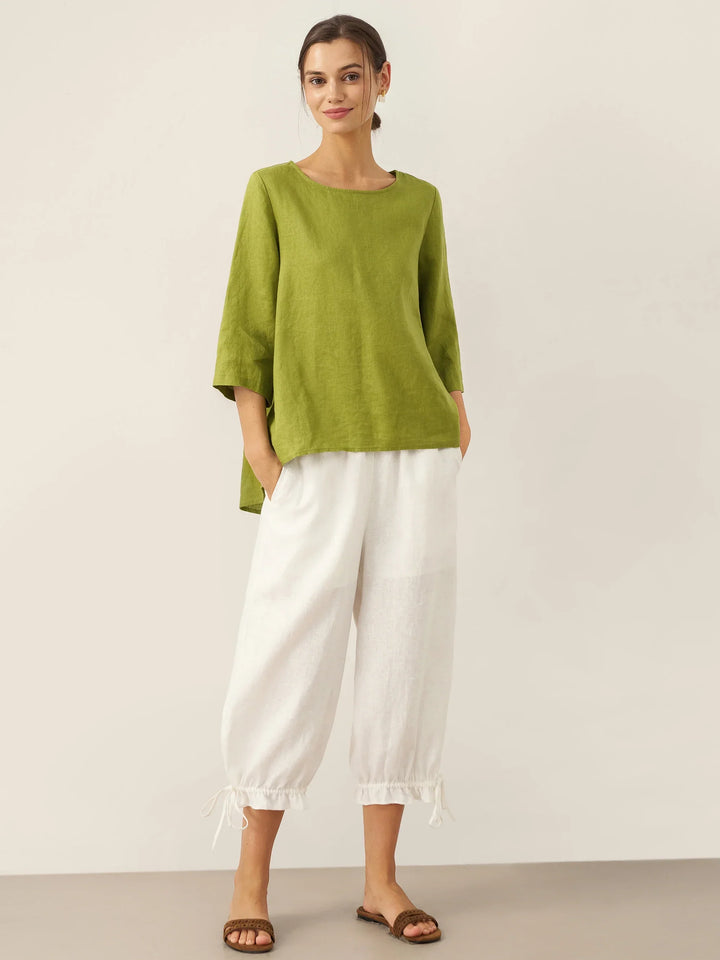 Evelyn | Comfortable Linen Top with Asymmetrical Hem and Round Neck