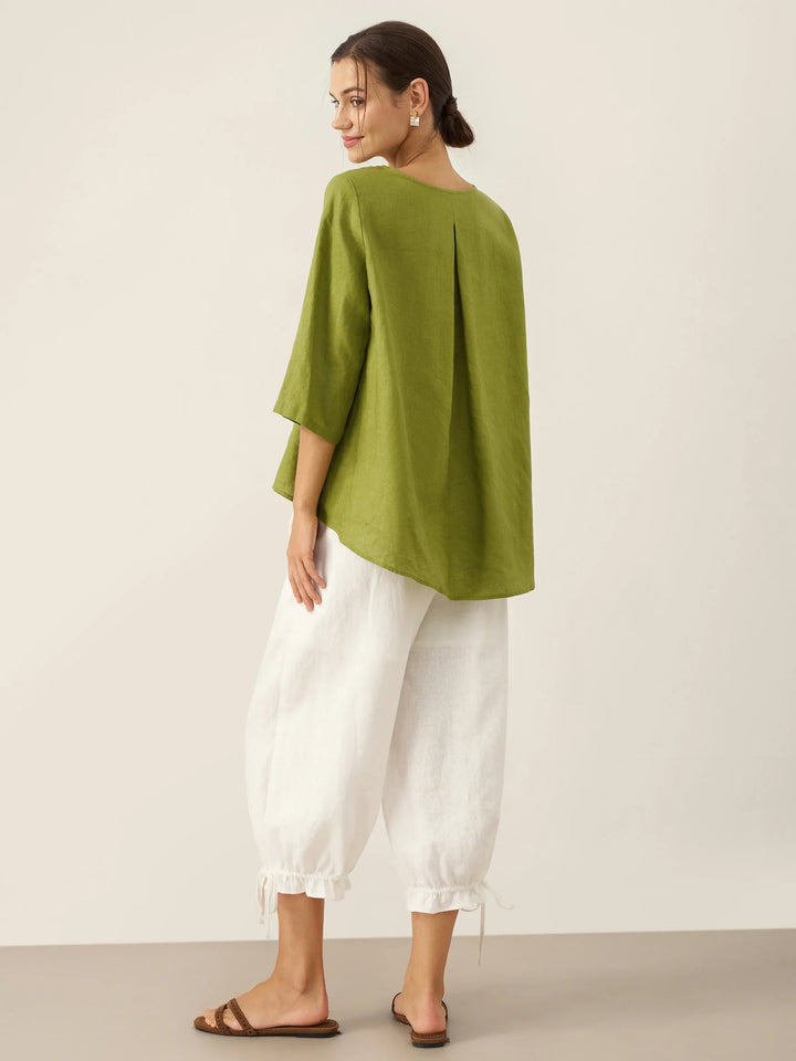 Evelyn | Comfortable Linen Top with Asymmetrical Hem and Round Neck