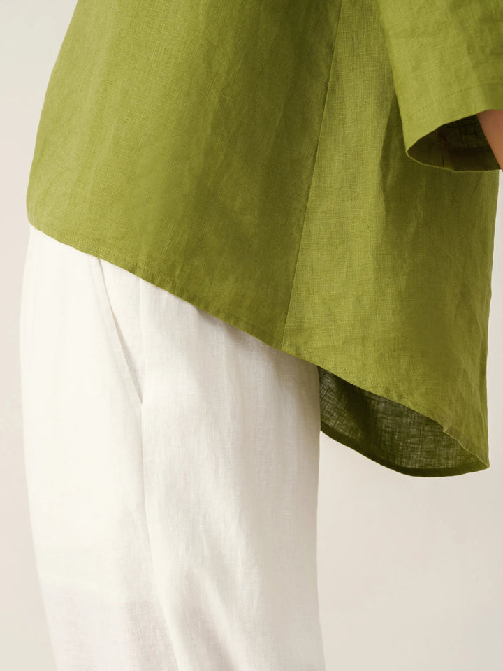 Evelyn | Comfortable Linen Top with Asymmetrical Hem and Round Neck