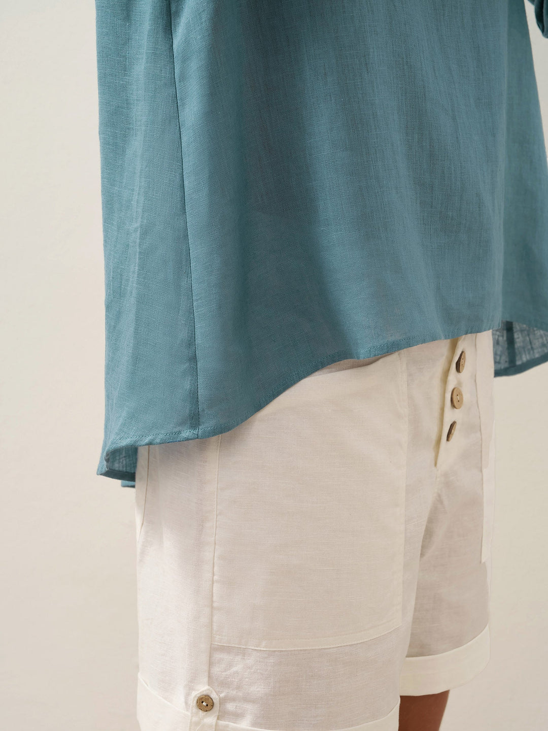 Evelyn | Comfortable Linen Top with Asymmetrical Hem and Round Neck