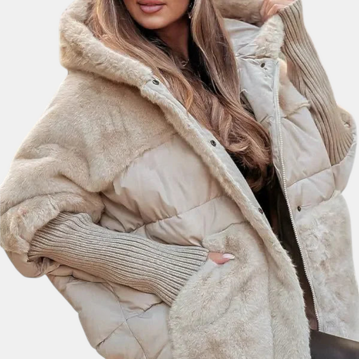 Oversized Puffer Jacket with Hood in Patchwork Style