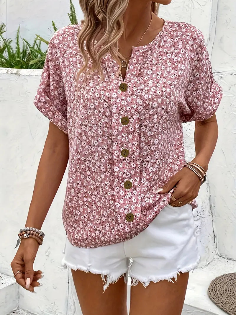 Women's Floral Print Short Sleeve Button-Front Blouse