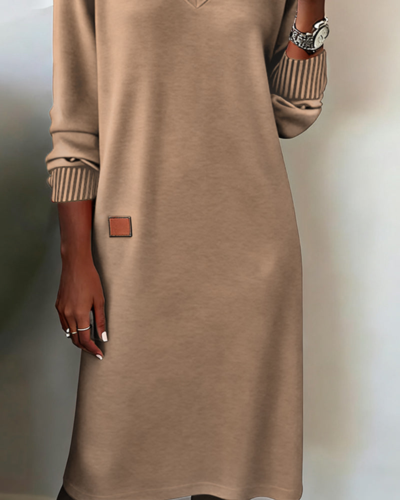 Women's Knit Dress with V-Neck and Long Sleeves