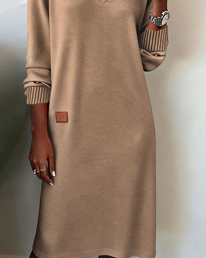 Women's Knit Dress with V-Neck and Long Sleeves