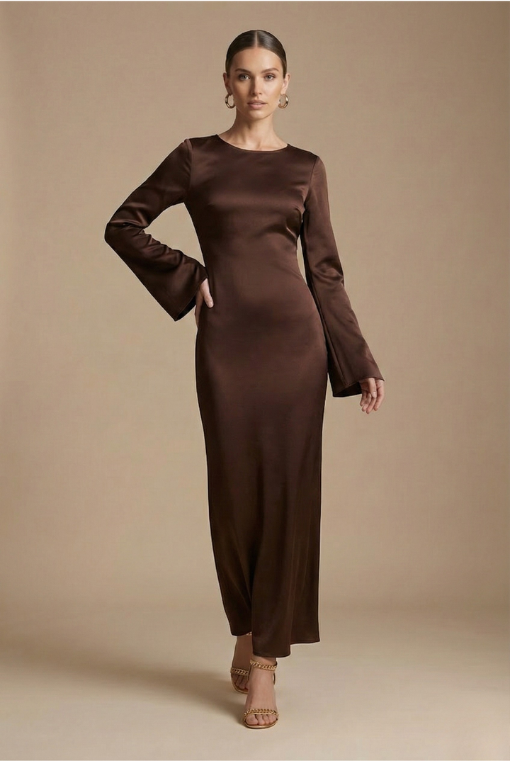 Women's Maxi Dress - Boat Neck - Flared Sleeve - Tie Back