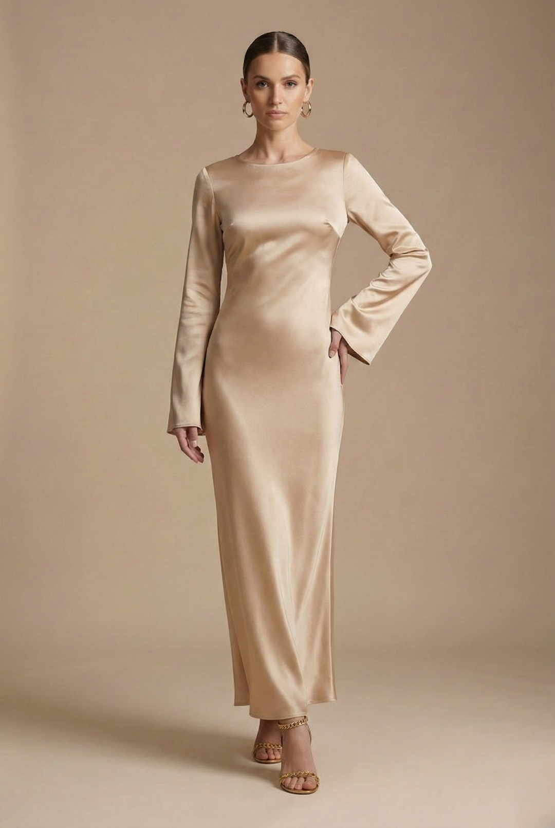 Women's Maxi Dress - Boat Neck - Flared Sleeve - Tie Back