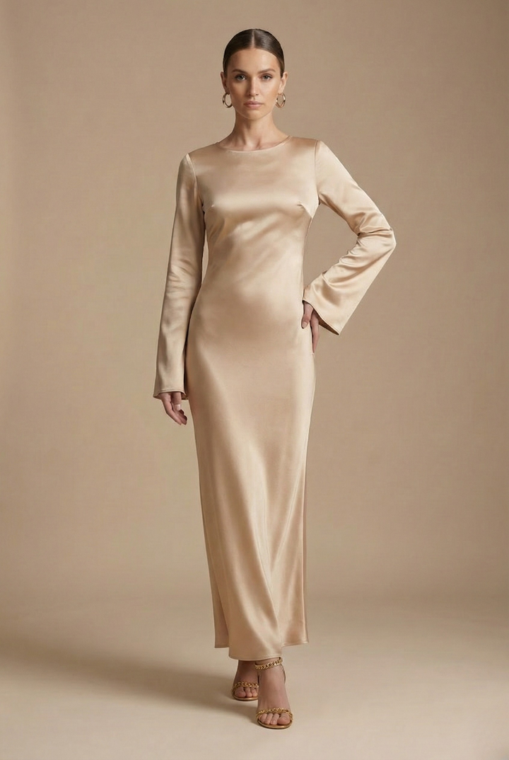 Women's Maxi Dress - Boat Neck - Flared Sleeve - Tie Back