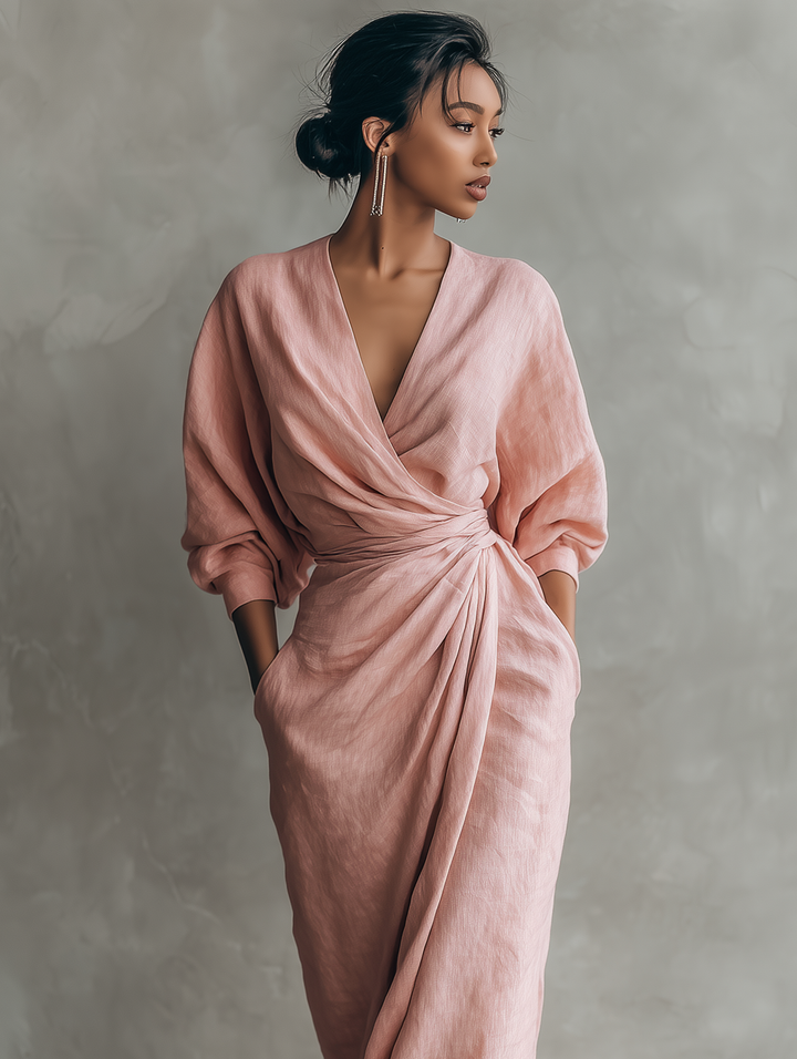 Emma™ | Pink Linen Blend V-Neck Maxi Dress