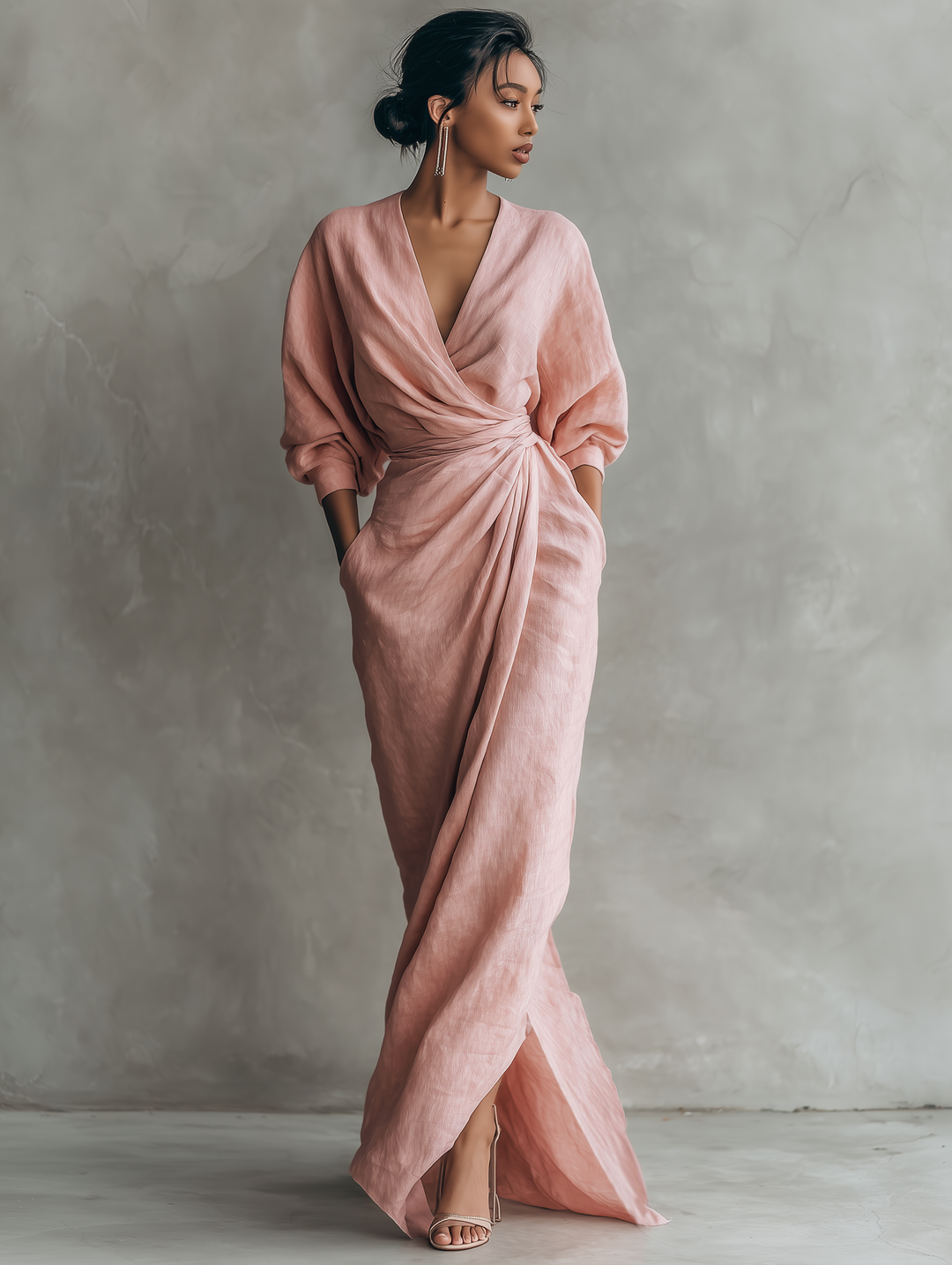 Emma™ | Pink Linen Blend V-Neck Maxi Dress