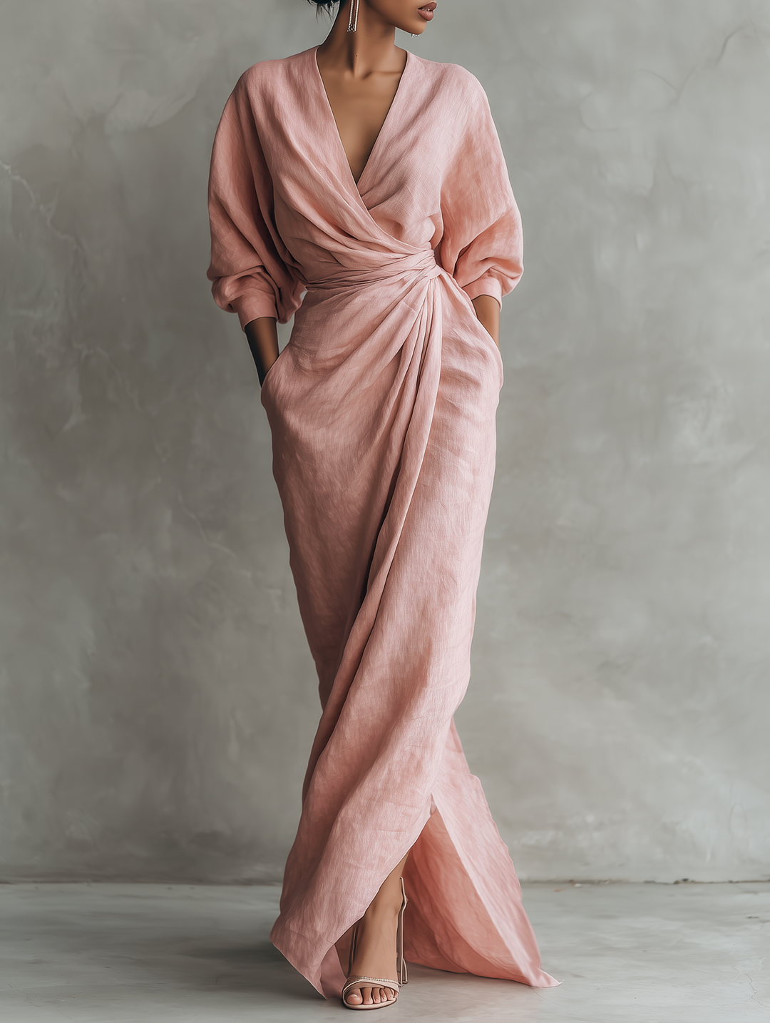 Emma™ | Pink Linen Blend V-Neck Maxi Dress