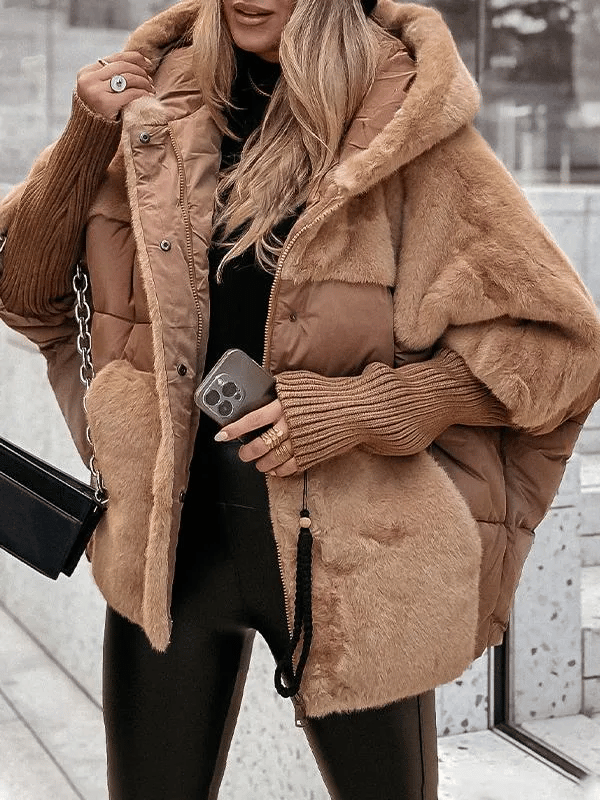 Women's Winter Jacket with Hood, Long Sleeves, and Fur Patchwork