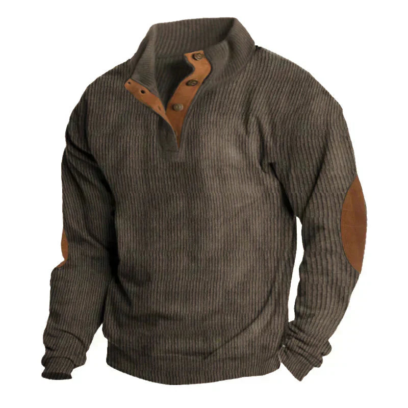 Soft Men's Knitted Sweater with Button Closure and Elbow Patches