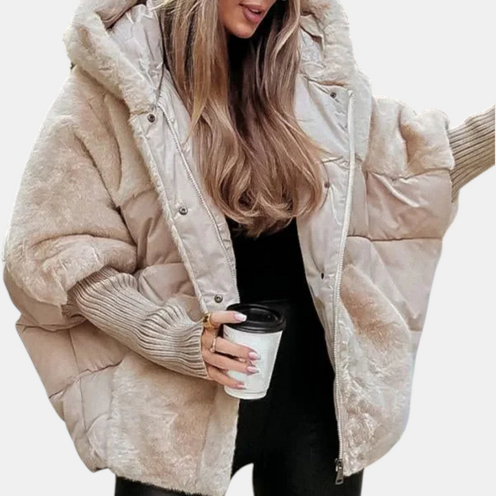Oversized Puffer Jacket with Hood in Patchwork Style