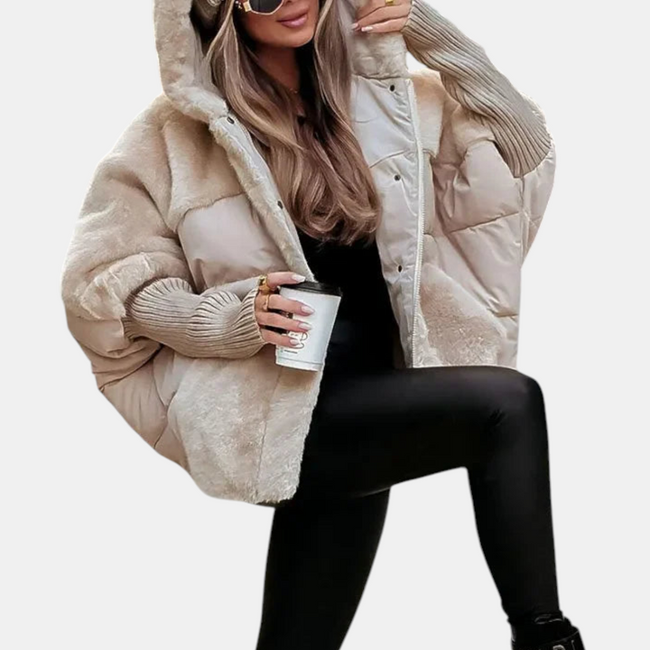Oversized Puffer Jacket with Hood in Patchwork Style