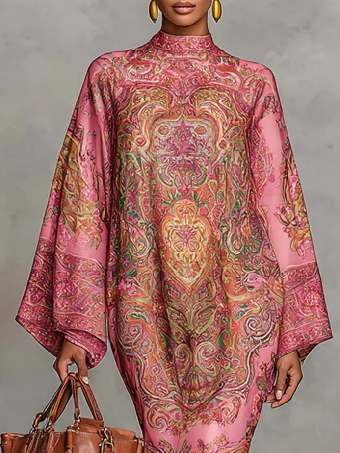 Pink midi dress with paisley pattern, featuring wide sleeves and long sleeves.