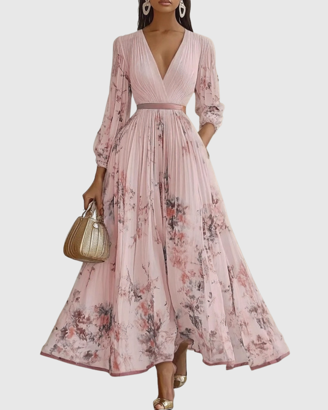 Women's Maxi Dress with V-Neck and Long Sleeves