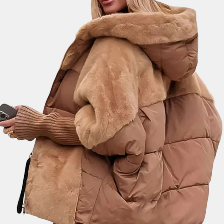 Oversized Puffer Jacket with Hood in Patchwork Style
