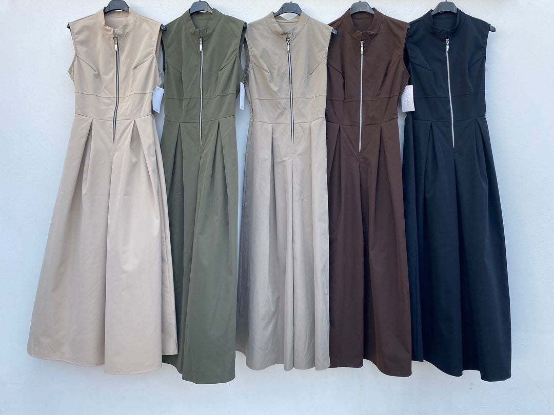 Sleeveless Tailored Wide-Leg Jumpsuit with Deep V-Zip Front