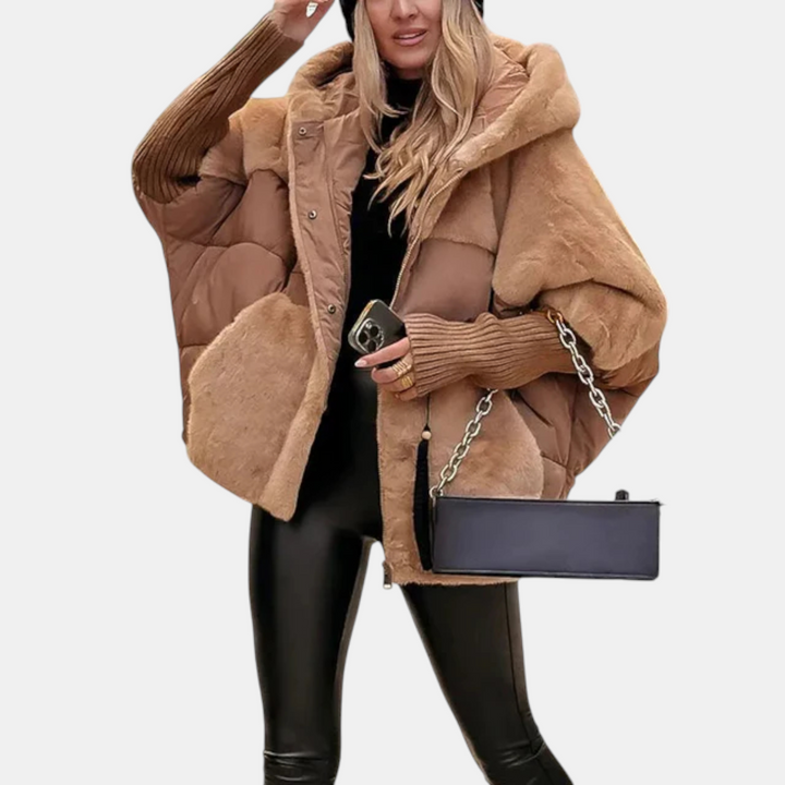 Oversized Puffer Jacket with Hood in Patchwork Style