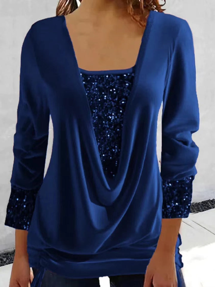 Women's blouse with sequin panel and draped neckline