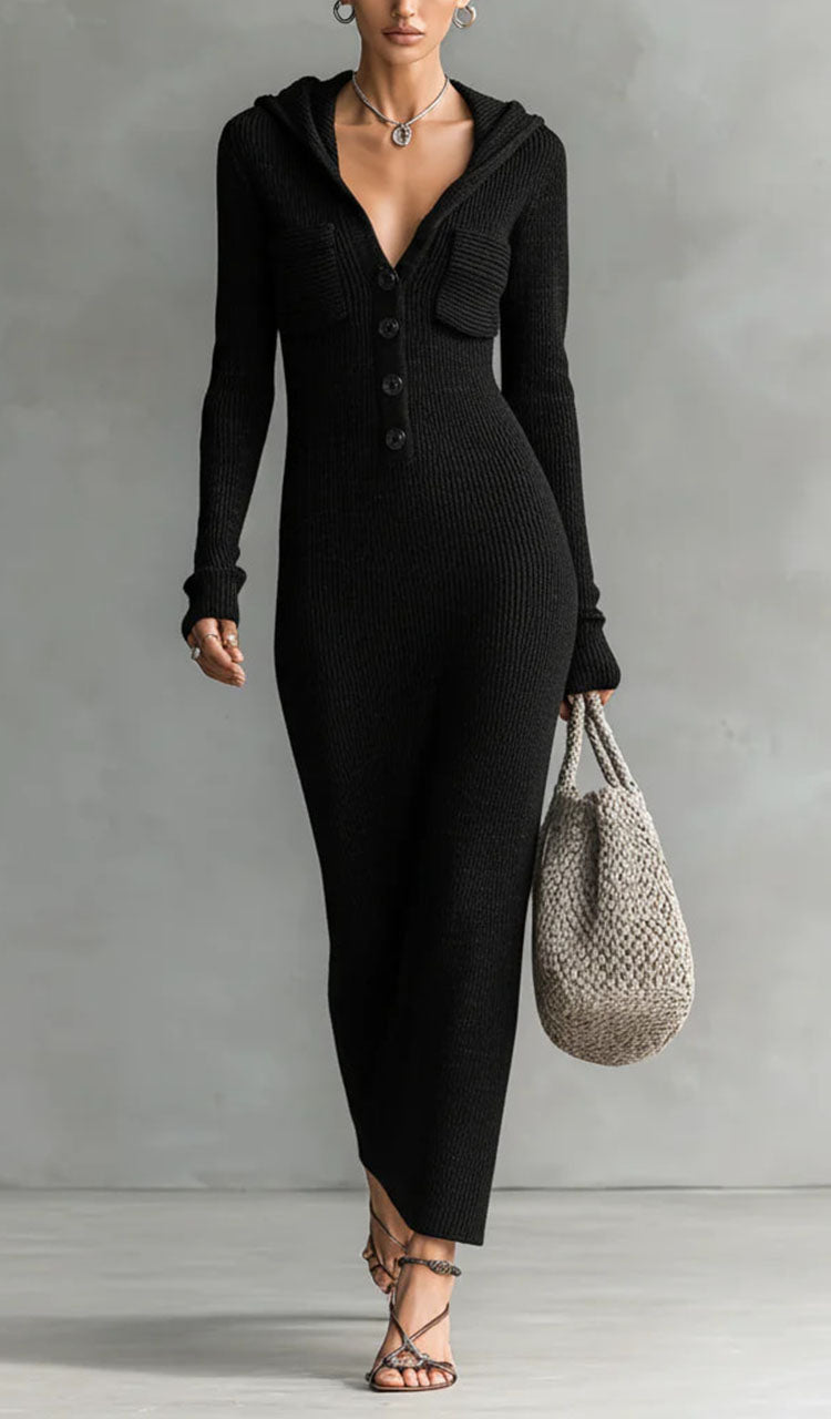 Fashionable Gray Maxi Dress with Long Sleeves and Retro Cut
