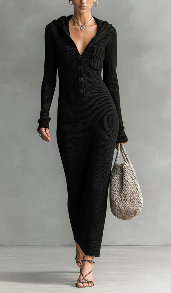 Fashionable Gray Maxi Dress with Long Sleeves and Retro Cut