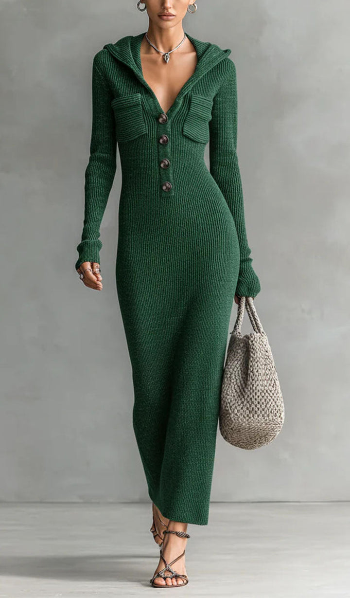 Fashionable Gray Maxi Dress with Long Sleeves and Retro Cut