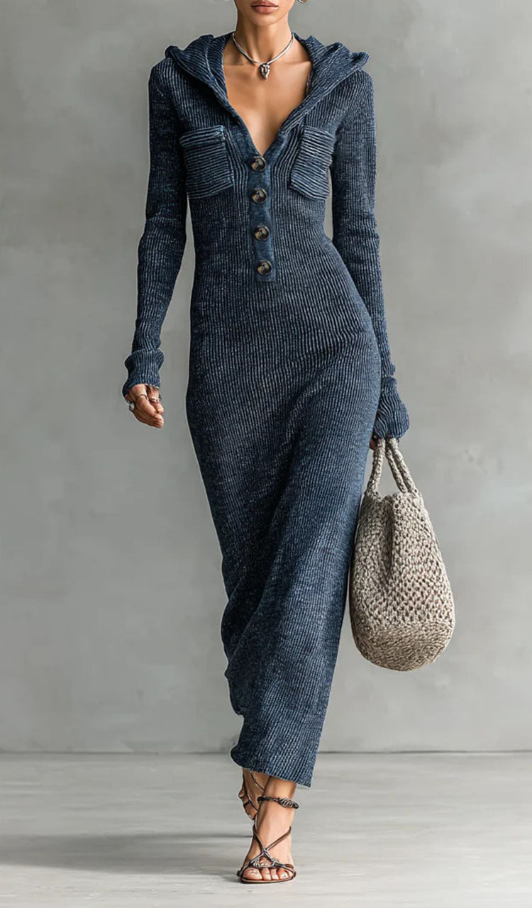 Fashionable Gray Maxi Dress with Long Sleeves and Retro Cut