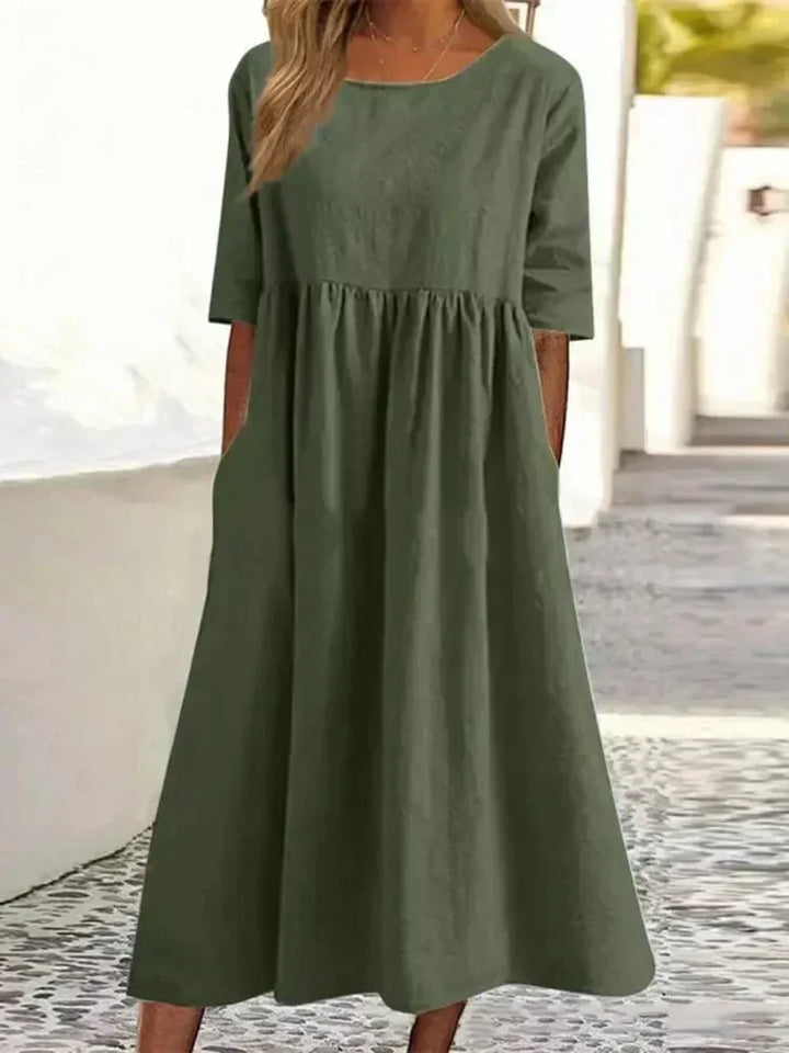Women’s Relaxed Midi Dress with Round Neck and Short Sleeves