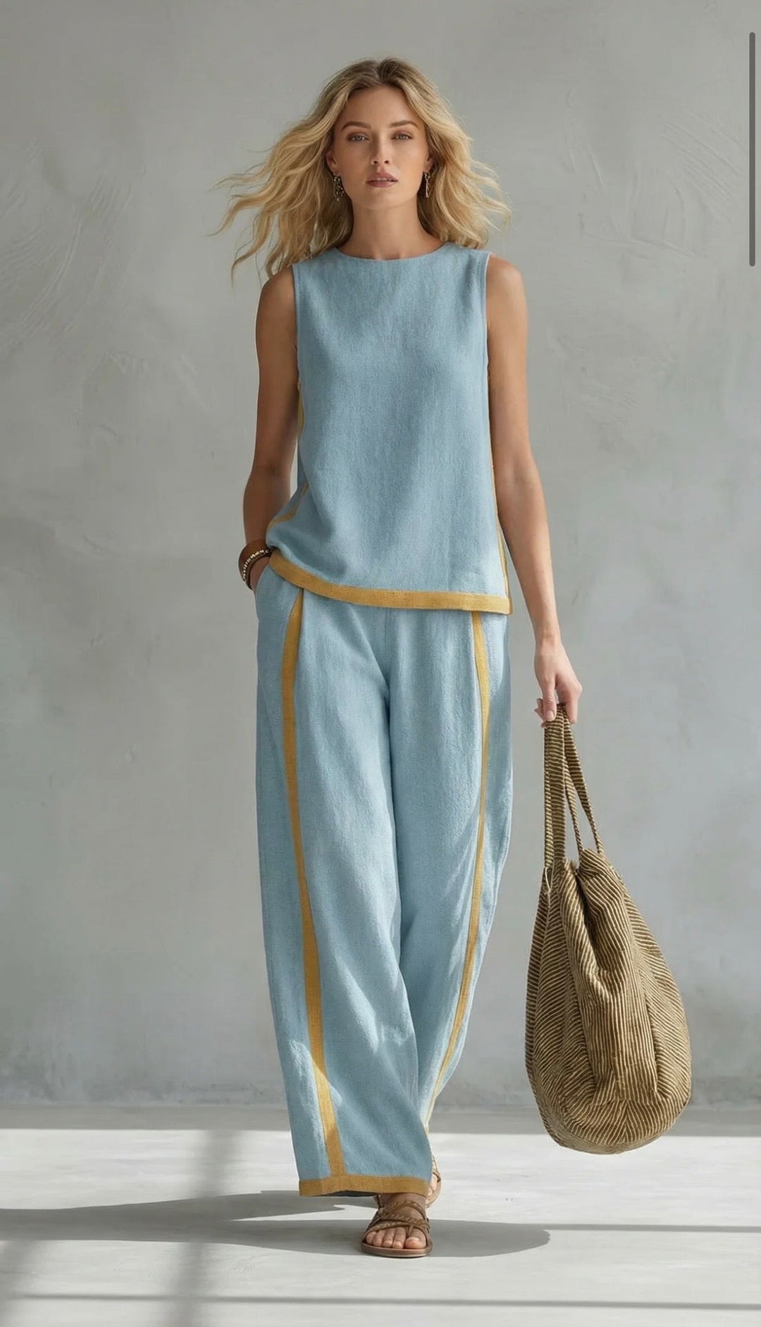 Leila - Elegant and casual vest and pants set in gray cotton and linen with two-tone edges.