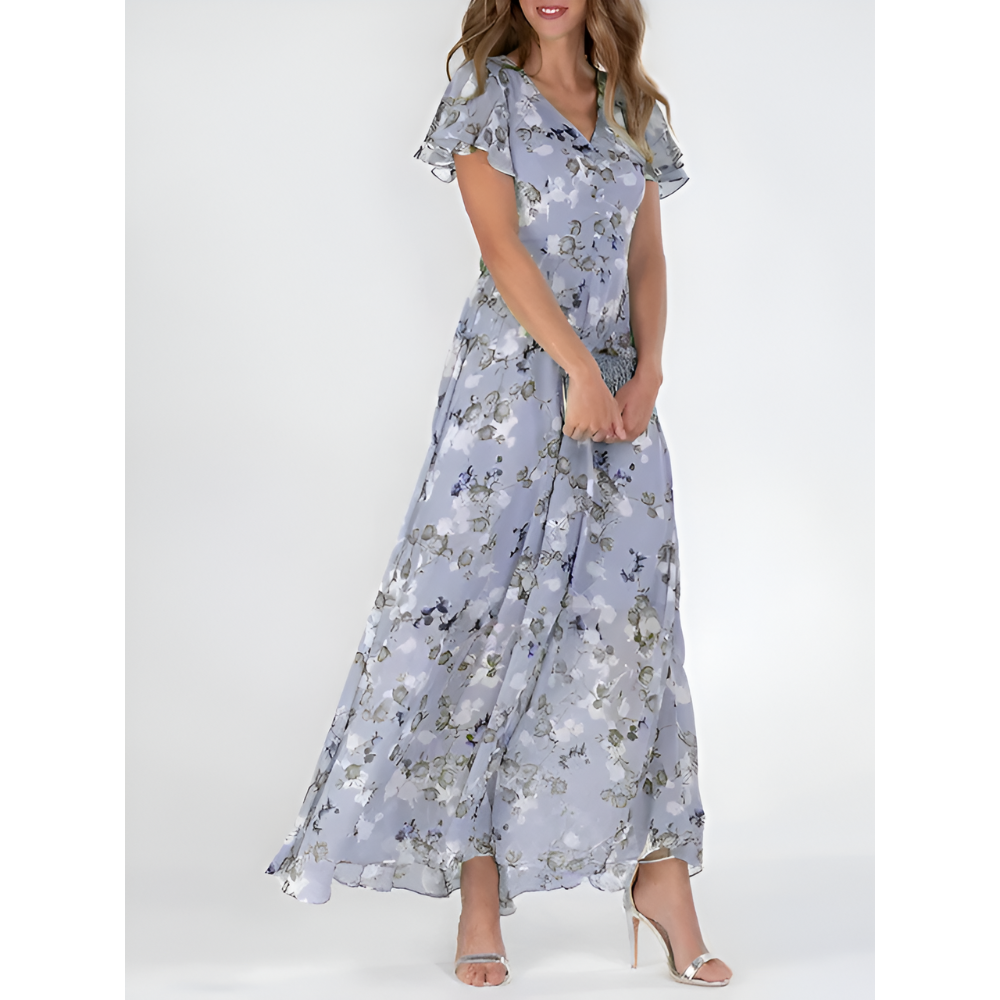 Women’s Elegant V-Neck Maxi Dress with Flutter Sleeves