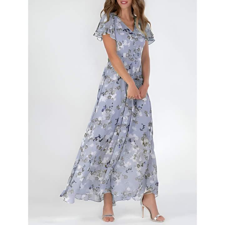 Women’s Elegant V-Neck Maxi Dress with Flutter Sleeves
